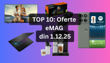 Oferte eMAG din 1.12.25 (cel mai ieftin televizor Sony cu diagonala de 215 cm, telefon mobil cu baterie de 6000 mAh și nota 4.74 / 5 din 23 review-uri, laptop de gaming cu specificații atractive etc)