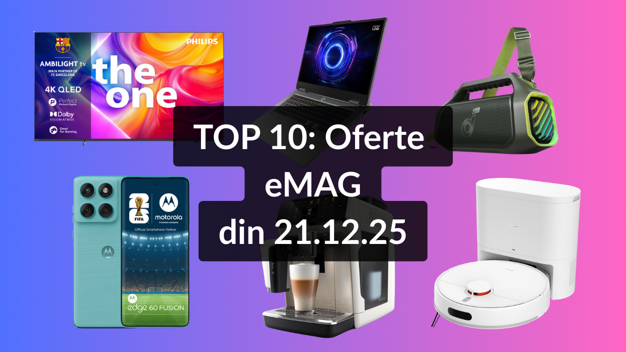 Oferte eMAG din 21.12.25 (televizor QLED Philips cu diagonala de 215 cm și reducere de 20%, laptop de gaming cu grafică NVIDIA GeForce RTX 5060 la preț atractiv, cel mai bine evaluat smartphone în jurul a 1200 lei etc)