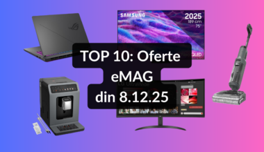 Oferte eMAG din 8.12.25 (televizor Mini LED Samsung cu diagonala de 189 cm și reducere de 10%, laptop de gaming ASUS cu TGP de 115W, espressor automat Krups pentru băuturi calde și reci etc)