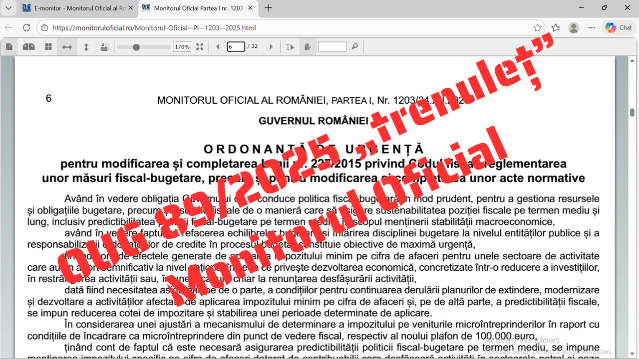 Noua impozitare pe micro 2026 și scăderea sumei neimpozabile la salariul minim, în Monitorul Oficial. Descarcă OUG 89/2025-„trenuleț”