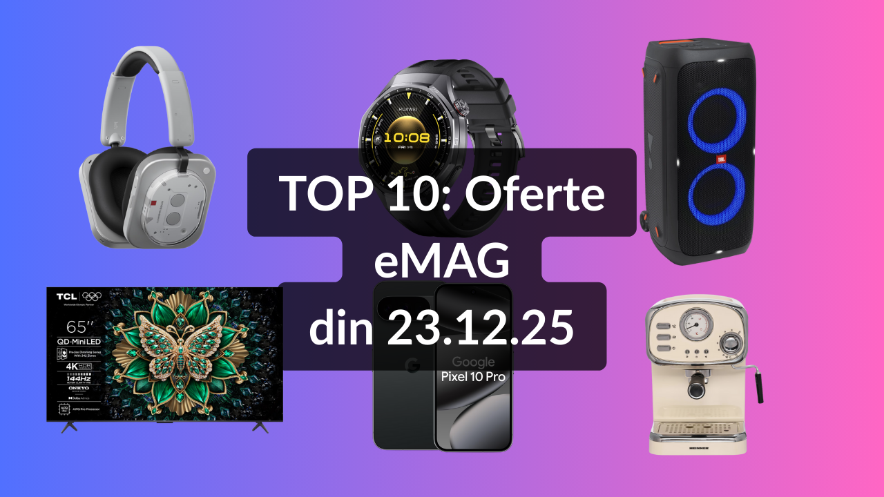 Oferte eMAG din 23.12.25 (cel mai bun televizor cu preț de până în 3000 lei, telefon mobil cu reducere specială la buy-back de 1000 lei, boxă portabilă JBL cu nota 4.89 / 5 din 123 de review-uri etc)