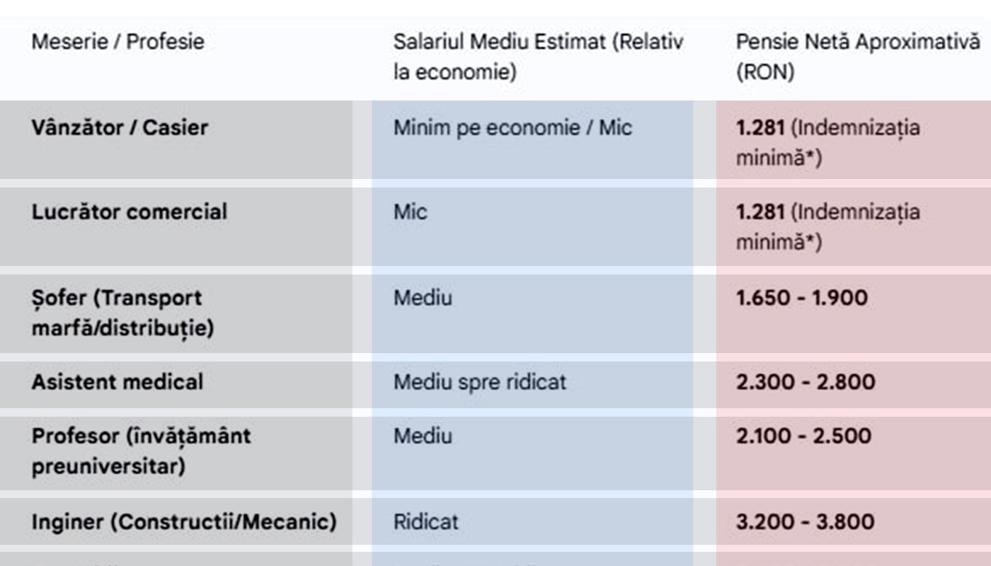 Tabel pensii în funcție de meserii