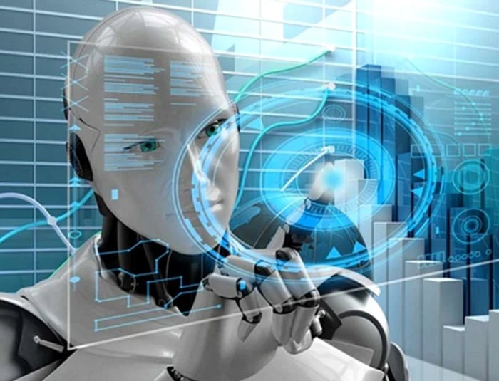 Un robot umanoid atinge o hologramă sugerând inteligența artificială