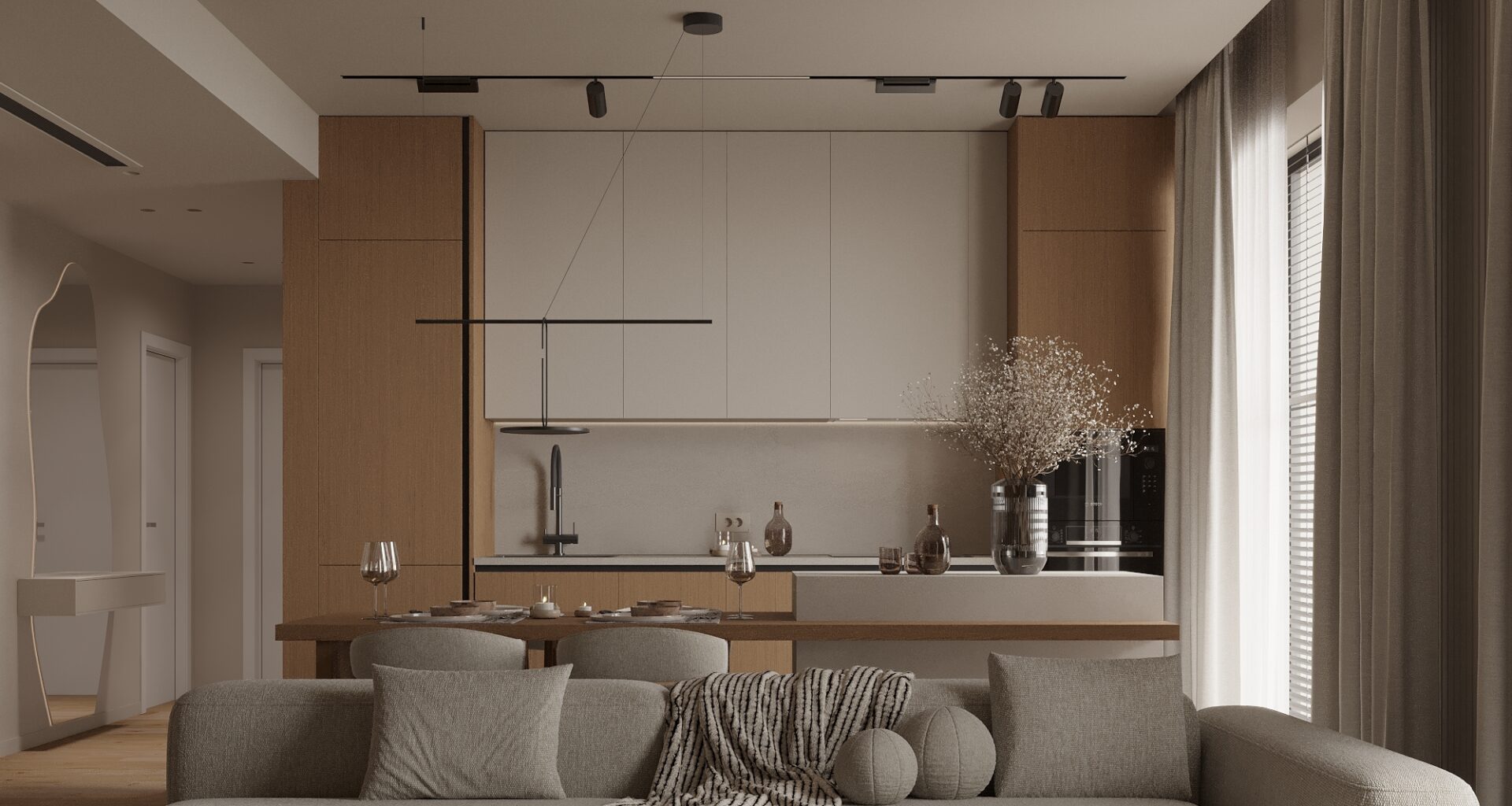 Cum arată un apartament din complexul rezidențial Amber Forest, al cărui interior combină exclusiv nuanțe neutre de bej, crem și alb