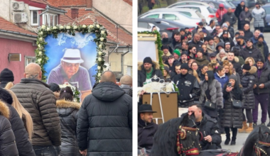 Înmormântarea cu alai a unui important lider interlop din Oradea. Sicriul și coroanele de flori, trase de cai