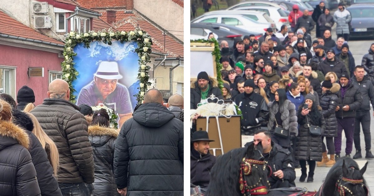 Înmormântarea cu alai a unui important lider interlop din Oradea. Sicriul și coroanele de flori, trase de cai