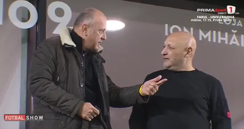Dialogul dintre Dan Șucu și Gigi Corsicanu, înaintea meciului dintre Rapid și U Cluj. Foto: Captură/Prima Sport