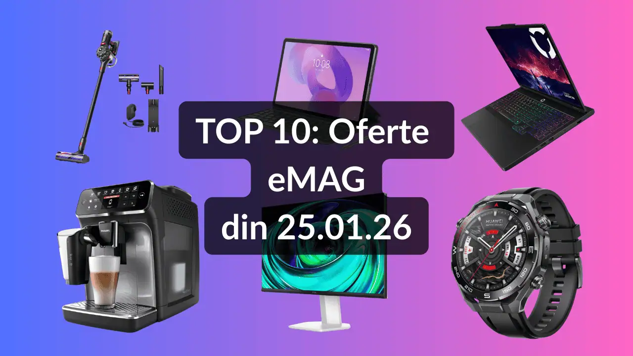 Oferte eMAG din 25.01.26 (aspirator vertical Dyson cu autonomie de până la 60 minute, laptop de gaming cu NVIDIA GeForce RTX 5070, tabletă ieftină Lenovo cu tastatură și stylus etc)