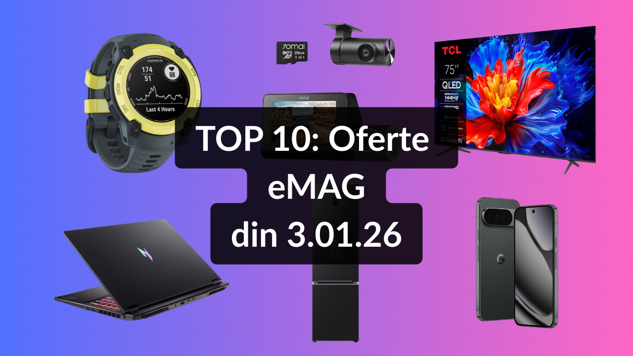 Oferte eMAG din 3.01.26 (cel mai ieftin televizor QLED cu diagonala de 189 cm și rată de refresh la 100Hz, cameră auto 70Mai ce filmează în față, spate și la interiorul automobilului, laptop de gaming cu display de 18 inci etc)