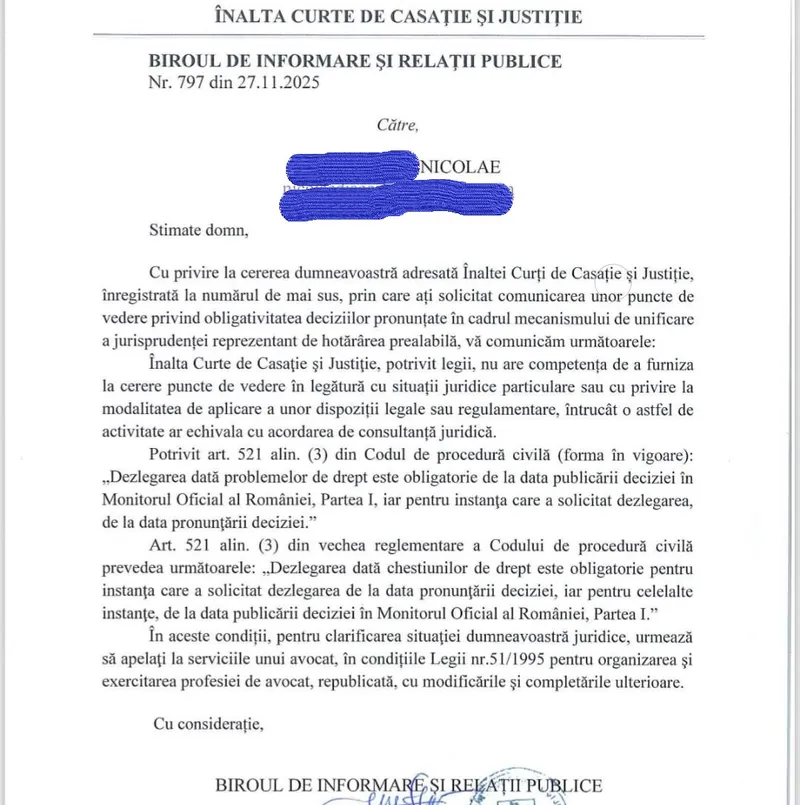 Răspuns Înalta Curte - Foto: Fb? N. Diaconeasa