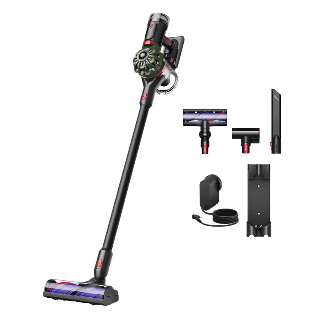 Aspirator Dyson V15 Detect cu accesorii pentru curățare intensivă, design modern, tehnologie avansată.