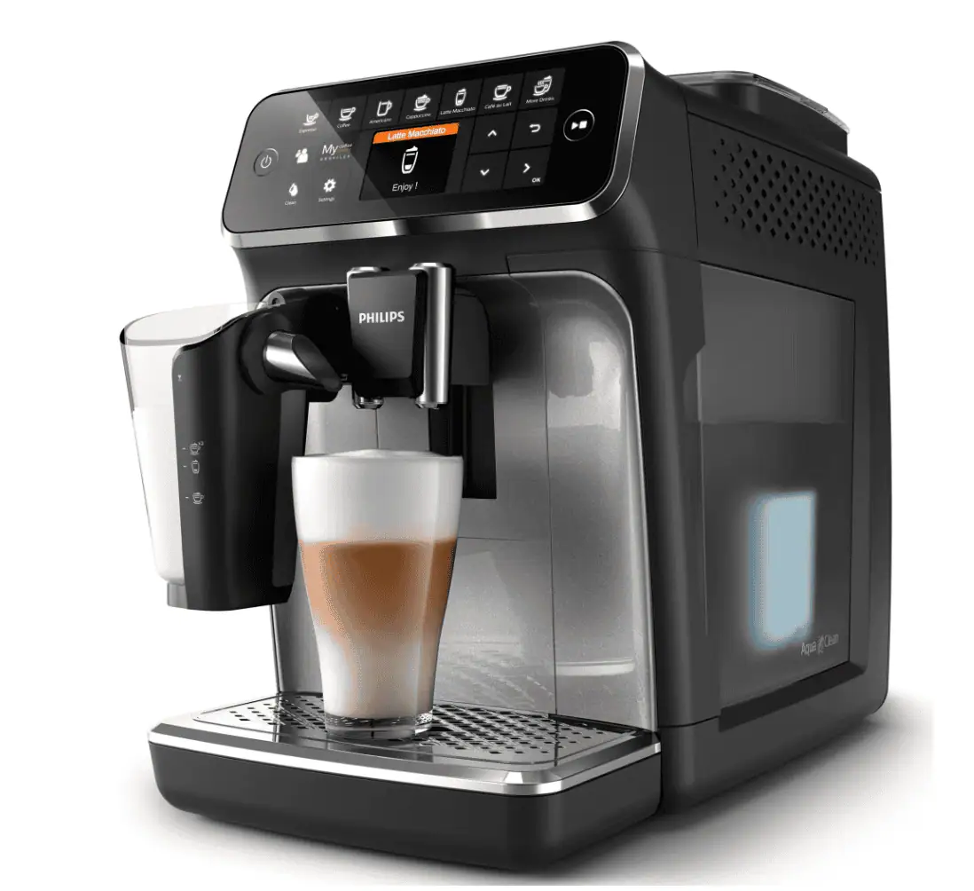 Mașină de cafea Philips cu ecran digital pentru preparare rapidă și precisă a băuturilor.