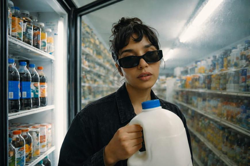 O tânără cu o sticlă de lapte in mana, intr-un supermarket