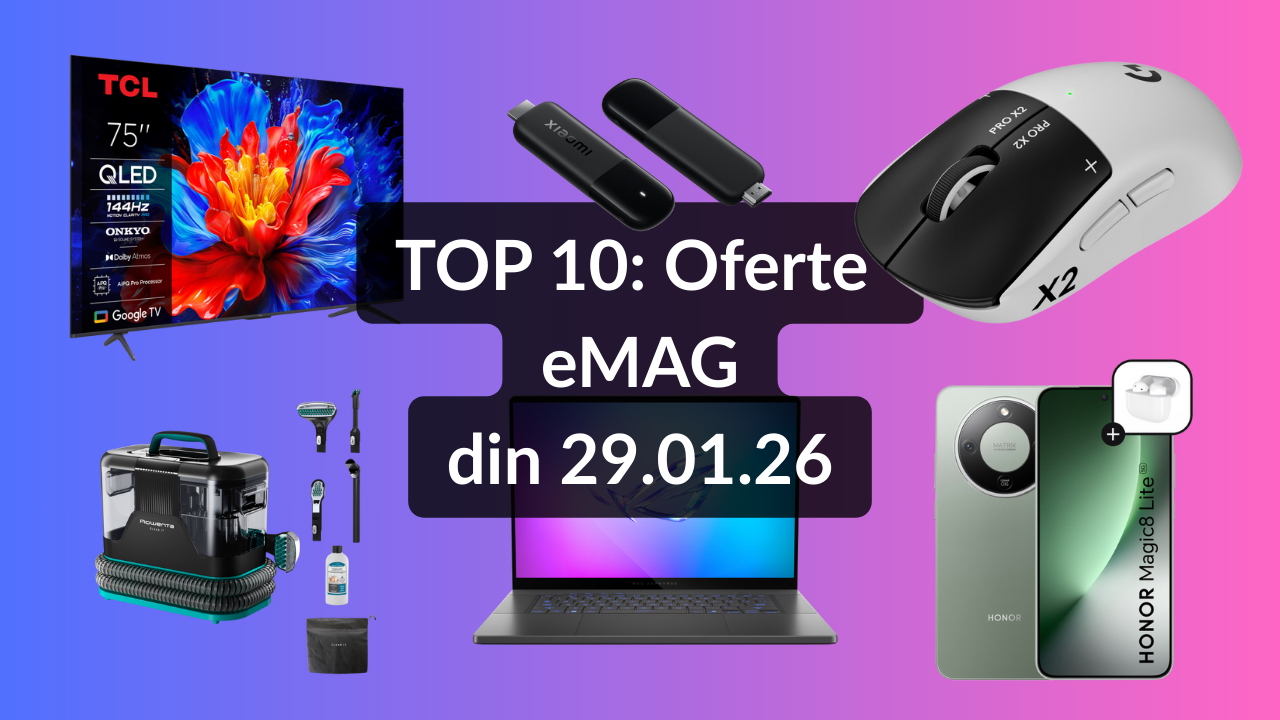 Oferte eMAG din 29.01.26 (cel mai ieftin televizor QLED de 189 cm și evaluare 4.80 / 5 din 104 review-uri, telefon mobil ce nu are nevoie de husă și folie, laptop de gaming cu NVIDIA GeForce RTX 5090 etc)