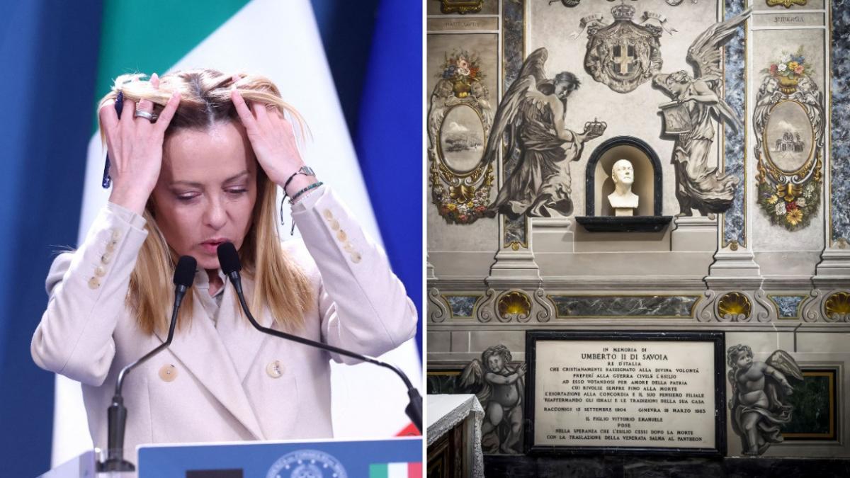 colaj 2 poze in care apar Giorgia Meloni si îngerul cu trăsăturile premierului Italiei, după ce a fost restaurată o frescă de la Roma