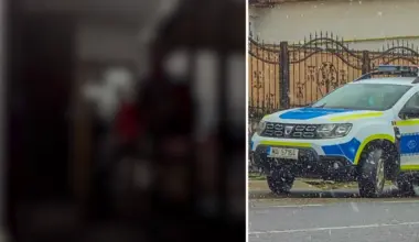 colaj 2 poze in care apar blurati adolescentul si patronul in timpul bataii si o masina de politie