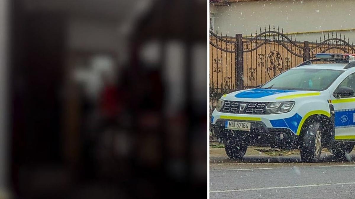 colaj 2 poze in care apar blurati adolescentul si patronul in timpul bataii si o masina de politie