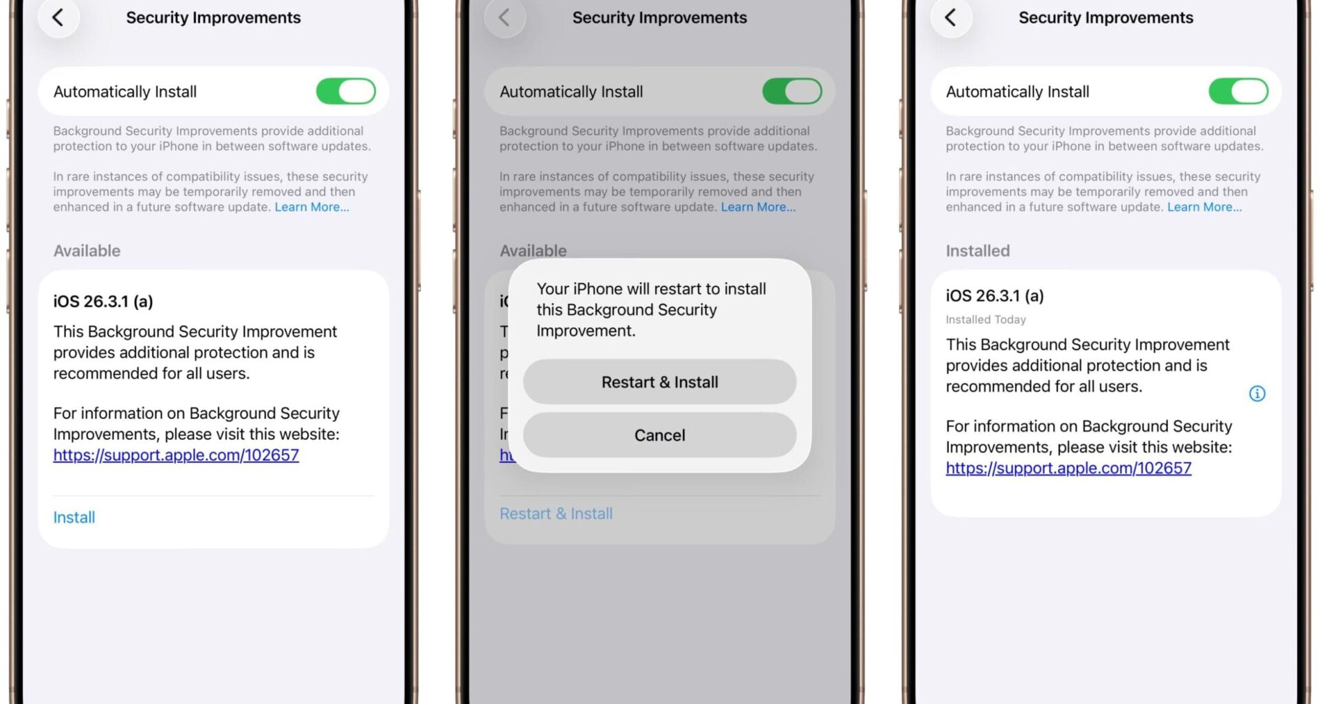Apple introduce Background Security Improvements pe iOS. Se instalează în fundal fără restart