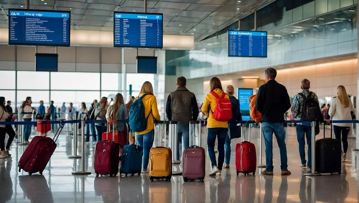 pasageri din aeroport asteptand imbarcarea in avion