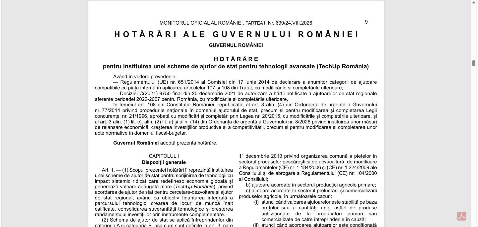 Programul TechUp România, cu ajutoare de 1 miliard EUR pentru firmele de tehnologie, publicat în Monitorul Oficial. Descarcă HG 643/2026 cu lista domeniilor eligibile, finanțarea maximă pe județe și cerințele