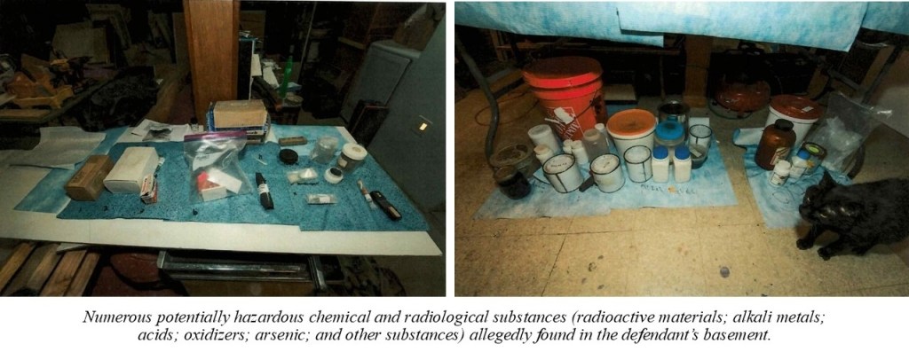 Collage of two images showing various containers, bottles, and materials allegedly found in Jacob D. Miller's basement.