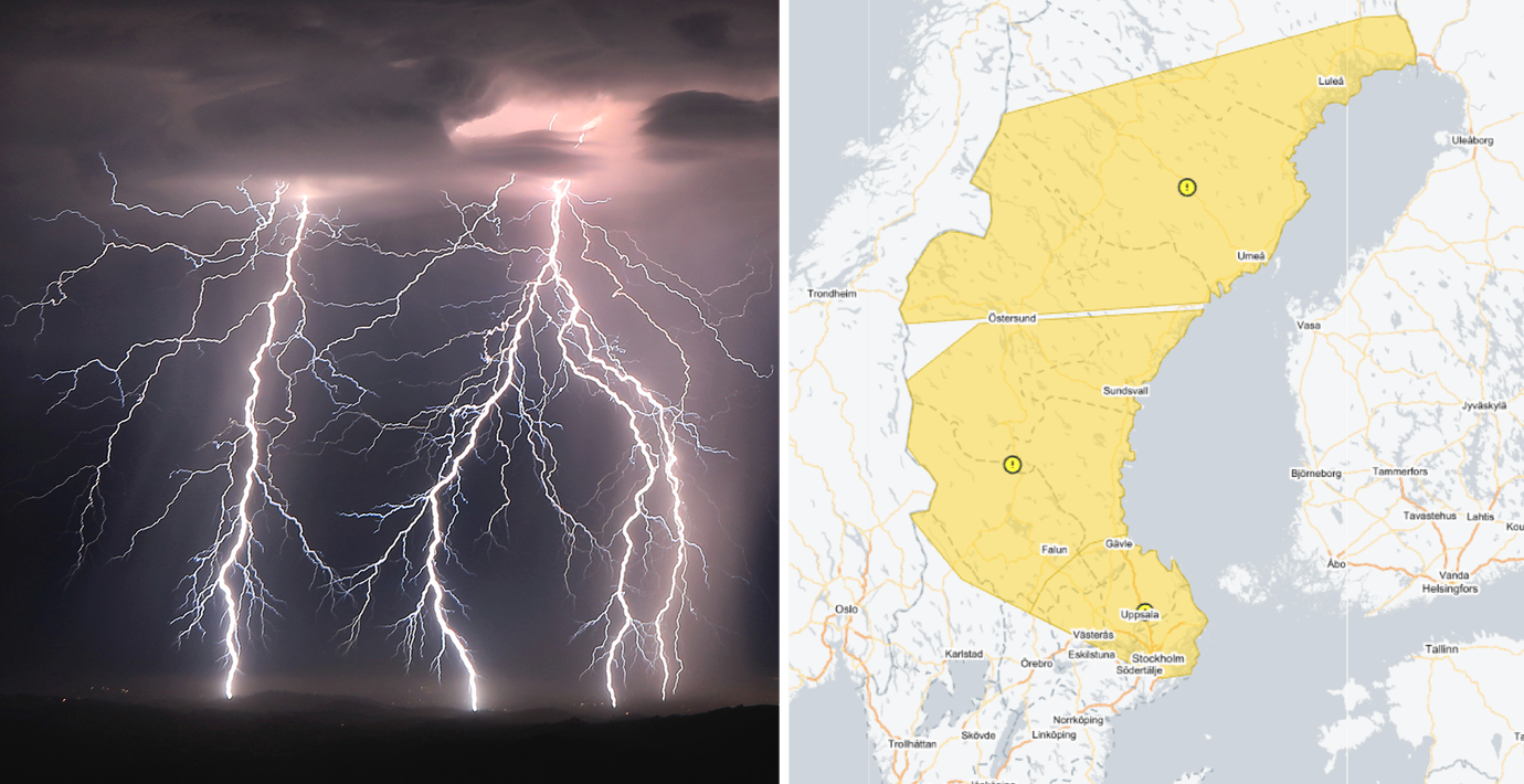 Gul varning för åska i stora delar av Sverige