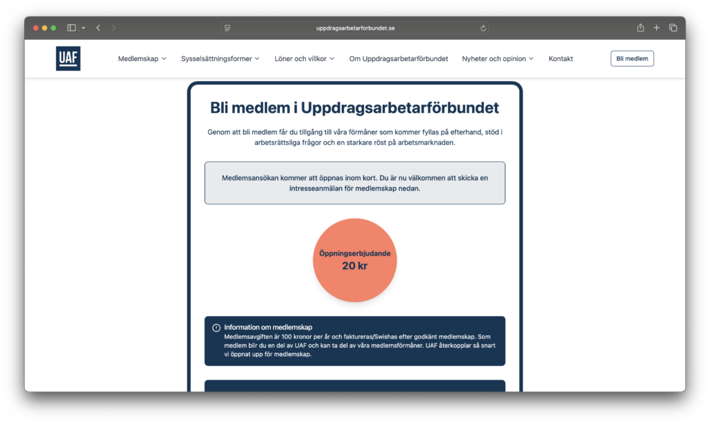 En svensk webbsida visar information om hur man blir medlem i Uppdragsarbetarförbundet. En stor cirkel visar medlemsavgiften på 20 kronor. Navigationsmenyer och en inloggningsknapp syns längst upp.