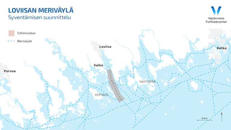 Ritad karta över havet utanför Lovisa. Blå streckade linjer märker ut farlederna. Området kring farleden utanför Lovisa är färgat grått.