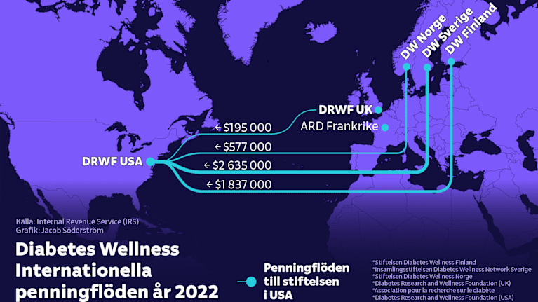 Karta med infografik som visar diabetes wellness stiftelsens internationella nätverk.