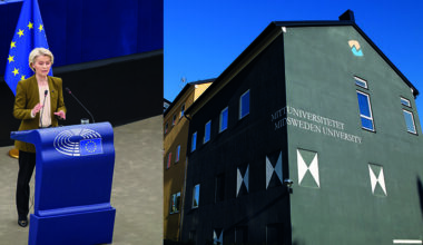 Kollage med dels en bild på en kvinna som står i en talarstol, dels byggnader på Mittuniversitetets campusområde.