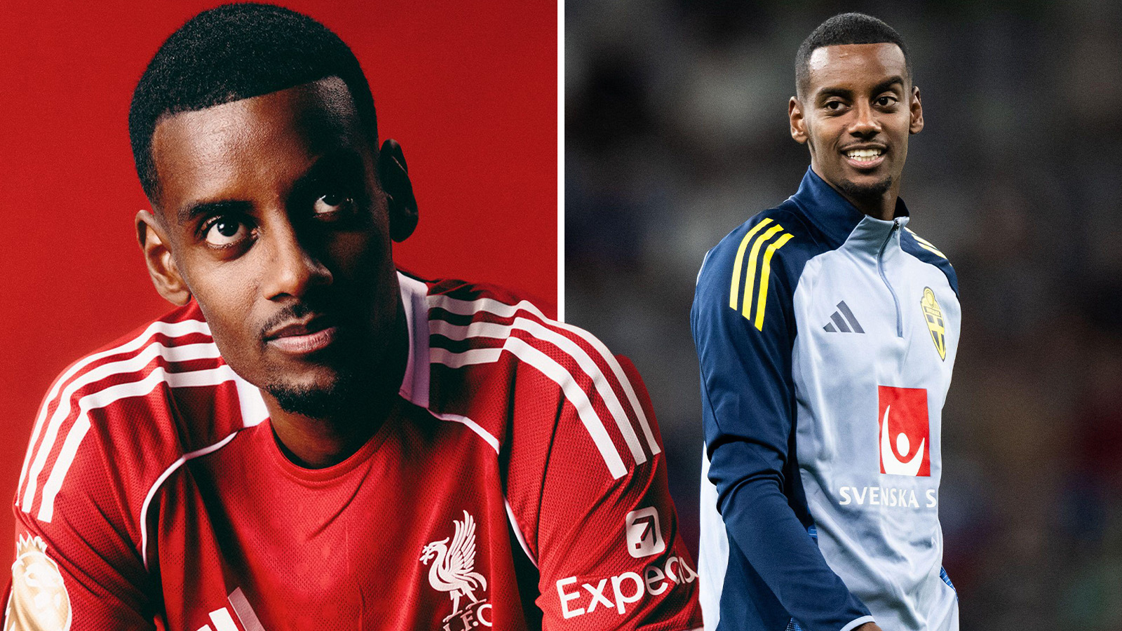 Bildmontage: Alexander Isak presenteras av Liverpool och Alexander Isak med det svenska landslaget
