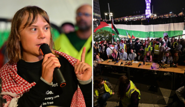 Greta Thunberg talar på Sergels torg på årsdagen av Hamas terror