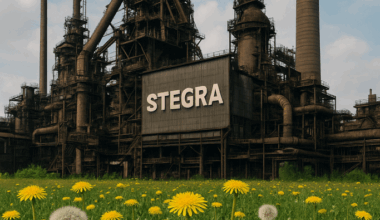 Bild på ett stålverk i ett hav av maskrosor. En symbol för ”grön kapitalism”?