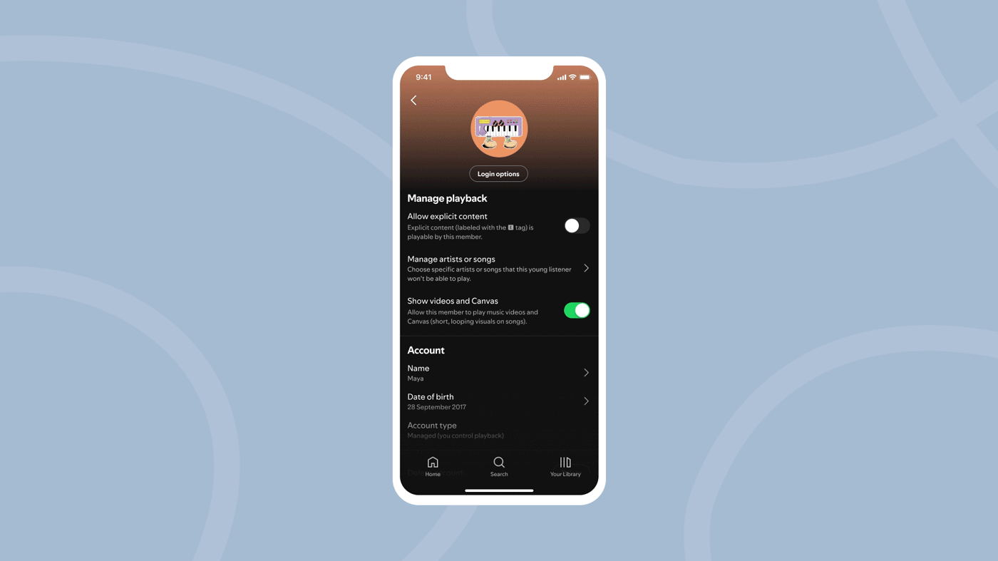 En gif som visar hur man anv&auml;nder f&ouml;r&auml;ldrakontroller f&ouml;r hanterade konton i Spotify Premium Family-abonnemanget.