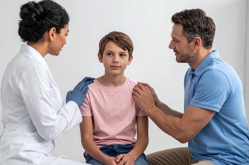 Boy being checked by doctor with his father