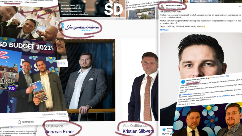 Ett collage av inlägg i sociala medier och professionella foton med två män i affärskläder, märkta som Andreas Exner och Kristian Silfvers, med logotyper och text som hänvisar till det politiska partiet Sverigedemokraterna (SD).