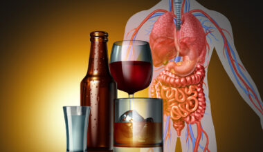 Drinking Health Danger concept as beer wine and spirits alcoholic glasses and bottle as a medical riskon the human body as cancer or dangerous health care risk of alcohol drinks with 3D illustration elements.