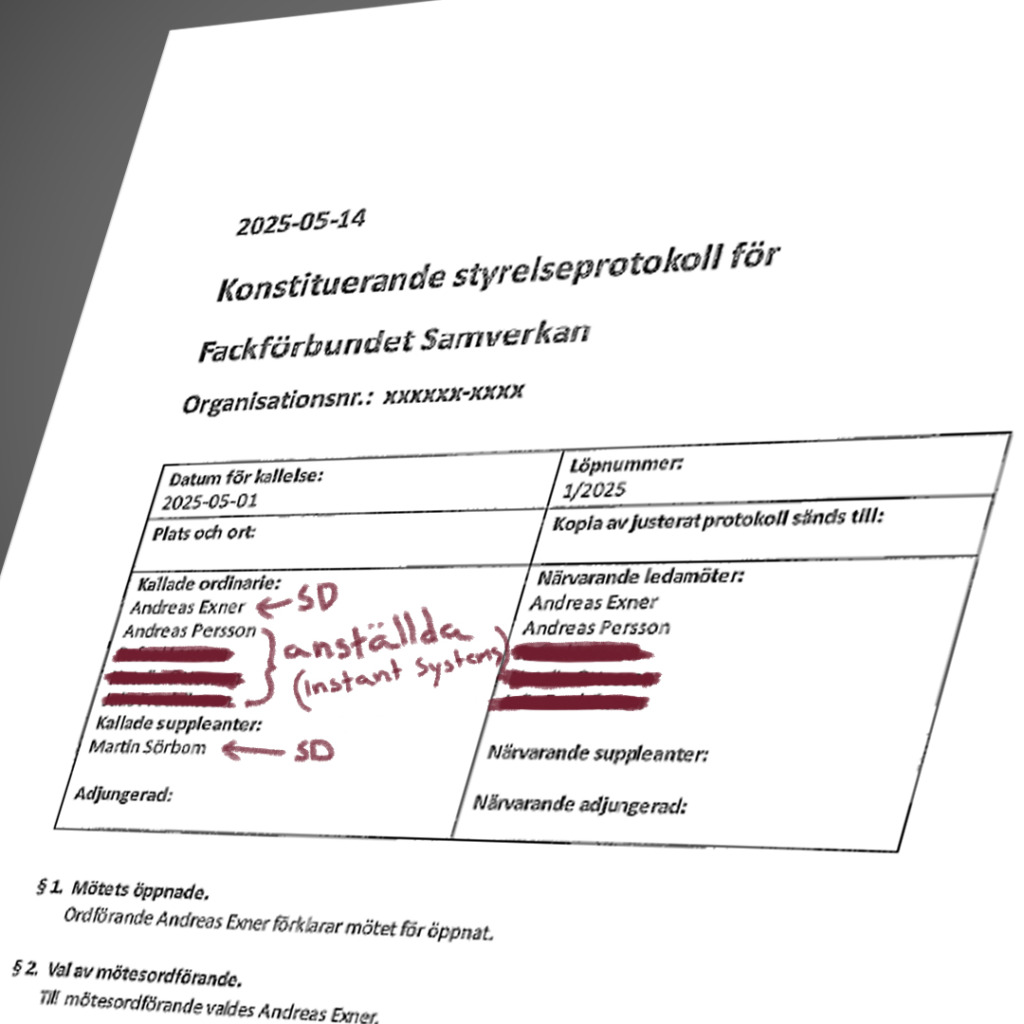 Ett svenskt dokument med titeln "Konstituerande styrelseprotokoll för Fackförbundet Samverkan" daterat 2025-05-14, som innehåller mötesdetaljer, deltagare och organisationsinformation i tabellformat.