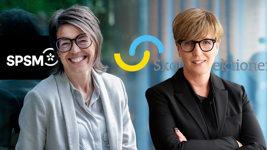 Ett fotomontage av Aurora Lindberg framför SPSM:s logga och Marie Axelsson framför Skolinspektionens logga