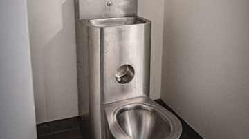 Väggmonterad kombinerad toalett och handfat i rostfritt stål.