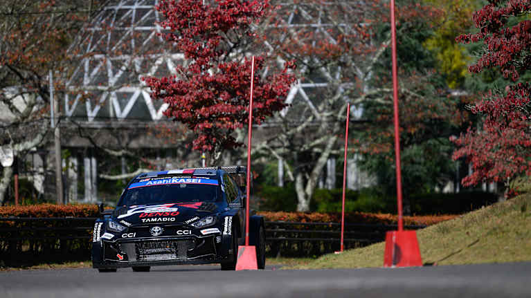 Sebastien Ogier bil kör genom ett grönområde.