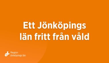 En orange bakgrundsbild med vit text: Ett Jönköpings län fritt från våld. I nedre vänstra hörnet finns Region Jönköpings läns logotyp.