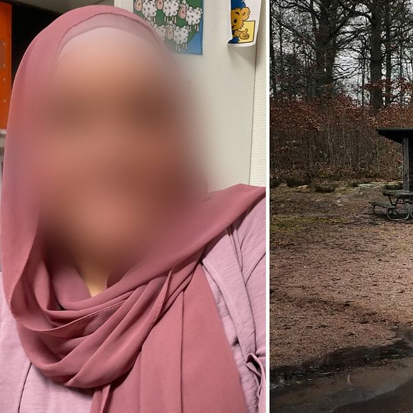 Tvådelad bild. Vänster: Person med suddat ansikte i rosa sjal. Höger: Ensam vindskydd i skogsmiljö.