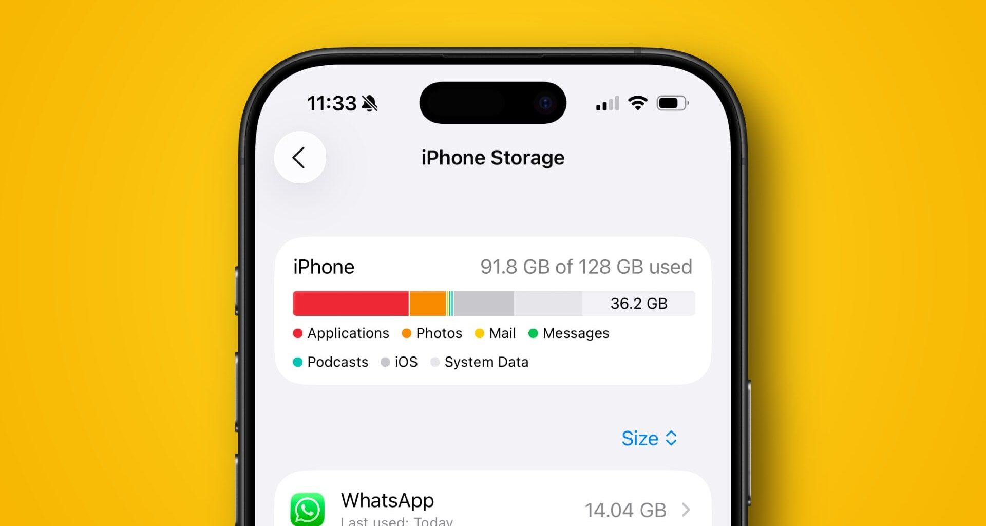 En iPhone 16 Pro som visar dess lagringskapacitet.