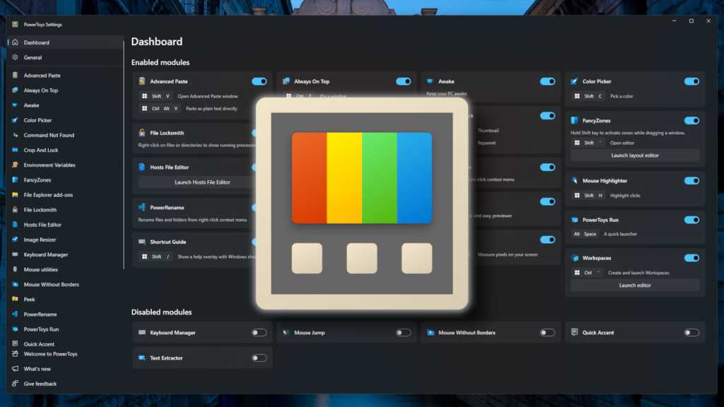 Microsoft PowerToys dashboard with PowerToys logo hero