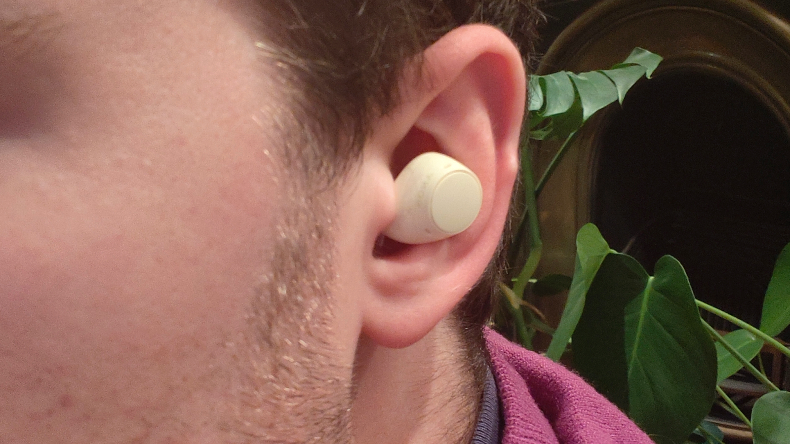 En man anv&auml;nder ett par vita Sony WF-C510.