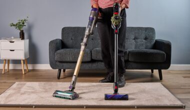 Ruth Hamilton håller sladdlösa dammsugare av typen Shark PowerDetect Cordless och Dyson V8 Cyclone, med en soffa i bakgrunden.