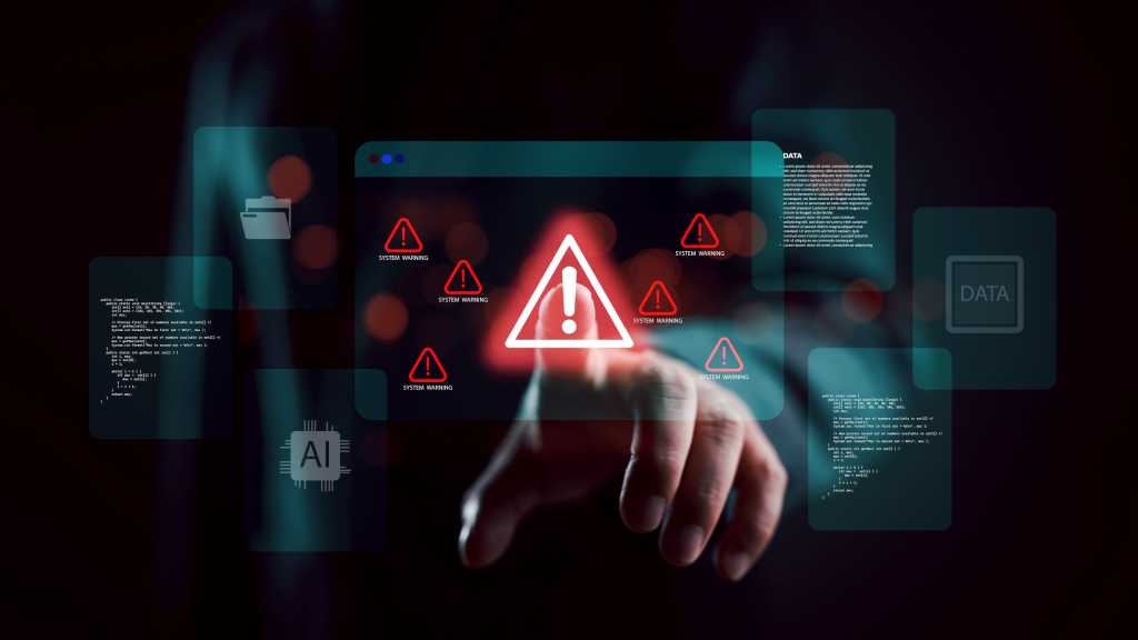 Security warning alert with shadowy scammer hacker in darkness