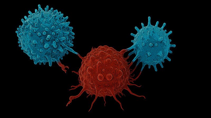 Illustrationen visar hur tv Tceller som r centrala fr mnniskans immunfrsvar attackerar en cancertumr Vid kolorektalcancer lyckas tumren ofta gra sig osynlig fr immunsystemet  en process som kallas immunflykt Under immunflykten frndrar cancercellerna sina gener vilket gr det svrare fr immunsystemet att upptcka dem  Illustrationen har skapats av Chalmers med hjlp av AIverktyget ChatGPT