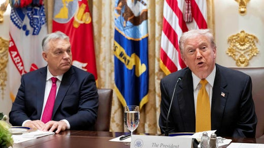 Ungerns premiärminister Viktor Orbán och USA:s president Donald Trump under fredagens pressträff i Vita huset.